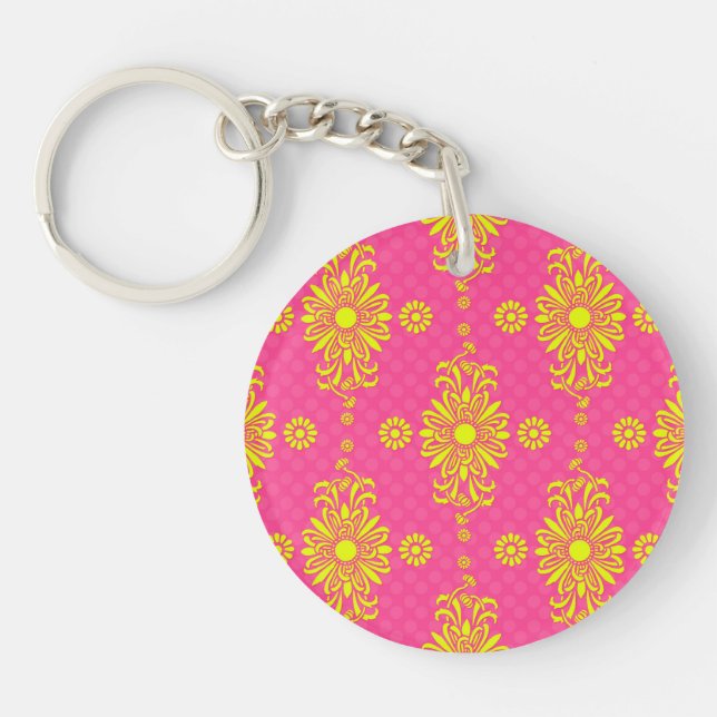 Design der hellrosa und gelben Blumen Schlüsselanhänger (Vorderseite)