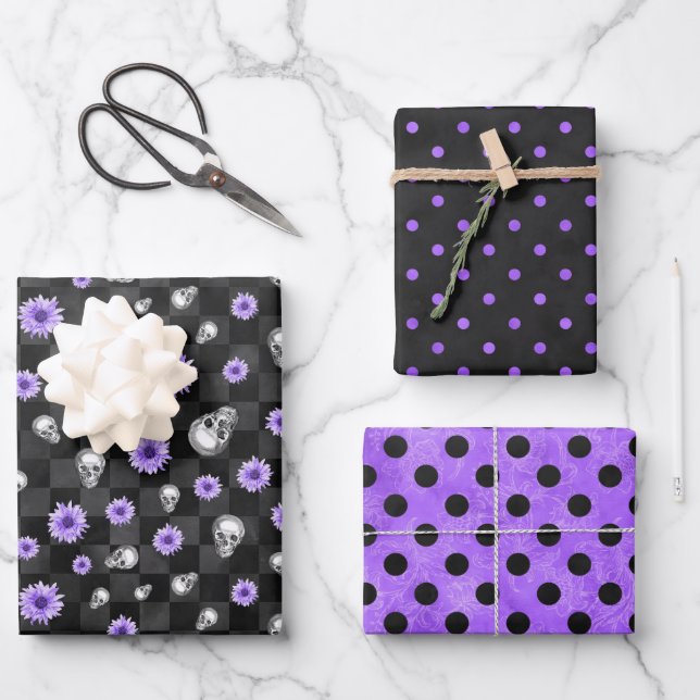 Design der lila Schädel- und Sonnenblumen-Serie 9 Geschenkpapier Set (Vorderseite)