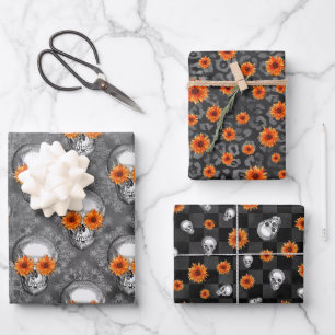 Design der orangefarbenen Schädel und Sonnenblumen Geschenkpapier Set