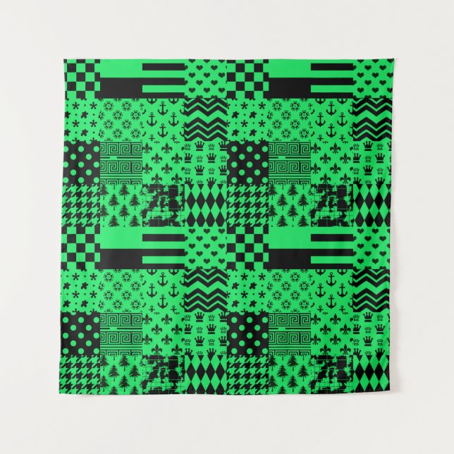 Design der Patchwork-Muster in grün schwarz Wandteppich (Vorderseite)