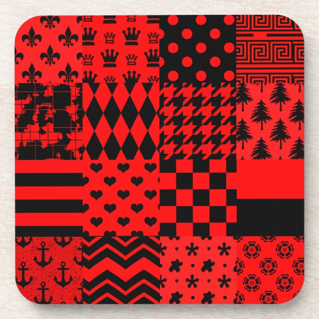 Design der Patchwork-Muster in Rot und Schwarz Getränkeuntersetzer (Vorderseite)
