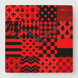 Design der Patchwork-Muster in Rot und Schwarz Quadratische Wanduhr