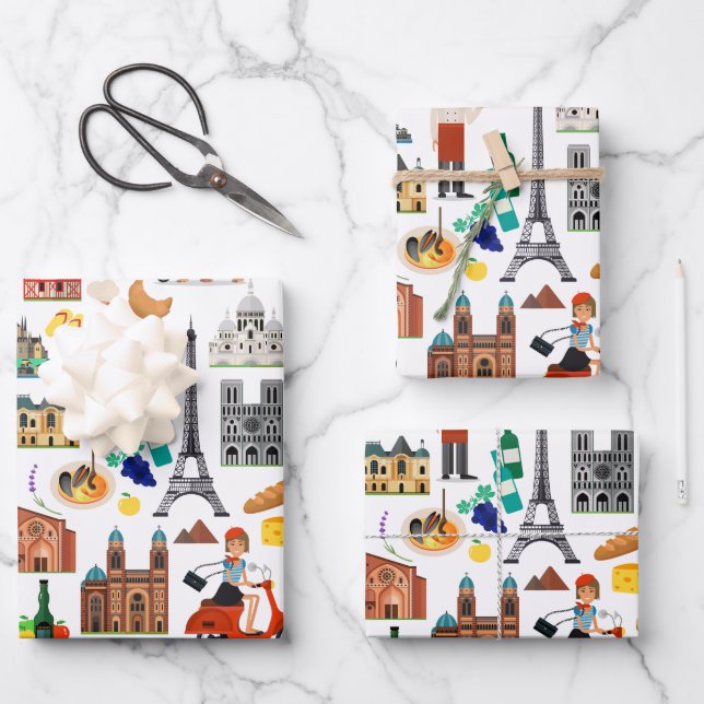 Design der Reisesymbole in Frankreich Geschenkpapier Set (Vorderseite)