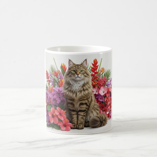 Design der tropischen Cat Floral Keramik Tasse. Kaffeetasse (Mittel)