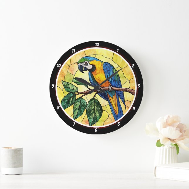 Design des lebendigen Macaw Parrot und tropischer  Große Wanduhr (Zuhause)