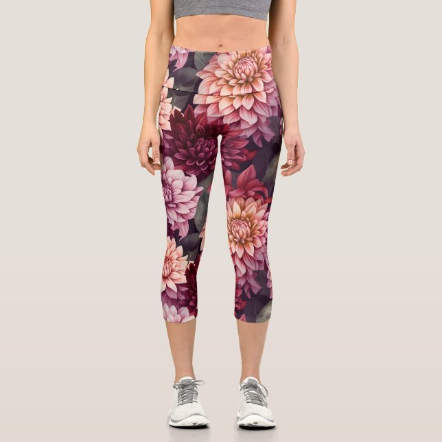 Design des Musters "Wasserfarbe Rosa Dahlia" Capri Leggings (Vorderseite)