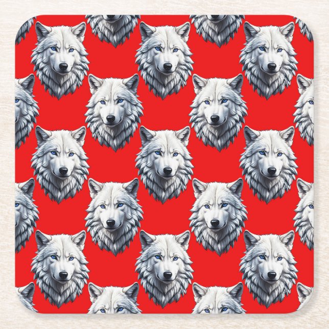 Design des Musters "White Wolf Head" - Rot Rechteckiger Pappuntersetzer (Vorderseite)