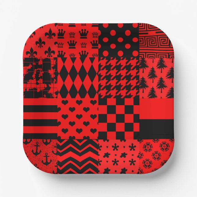 Design des Patchwork-Designs für die roten, gemisc Pappteller (Vorderseite)