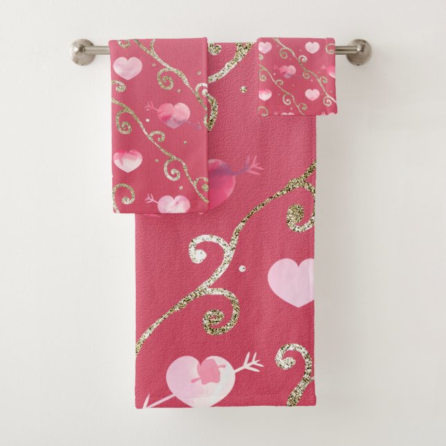 Design des rosa Herz-Glitzer-Designs Badhandtuch Set (Insitu)