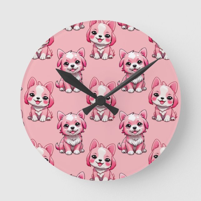 Design des rosa Welpen-Hundes - Rosa Runde Wanduhr (Vorderseite)