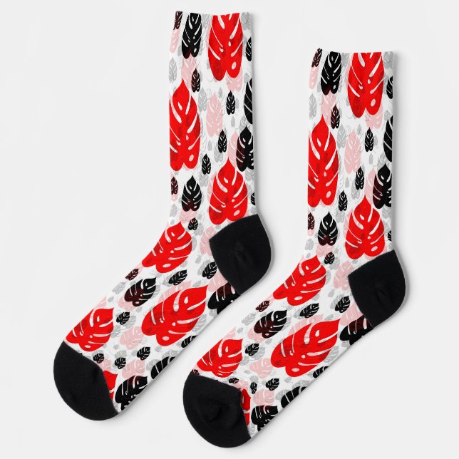 Design des roten schwarzen Leaf-Illustrationsmuste Socken (Linkes Detail)