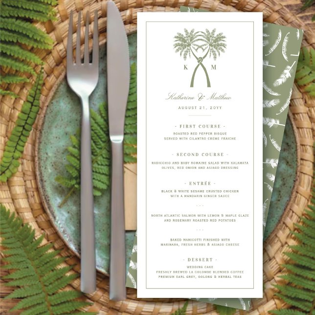 Design des tropischen Hochzeitsmenüs von Knotter P Einladung (Knotted Palm Trees Monogram Tropical Destination Wedding Menu Card @ fatfatin_blue_knot)