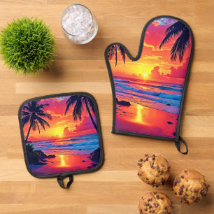 Design des tropischen Sonnenuntergangs Ofenhandschuh & Topflappen-Set