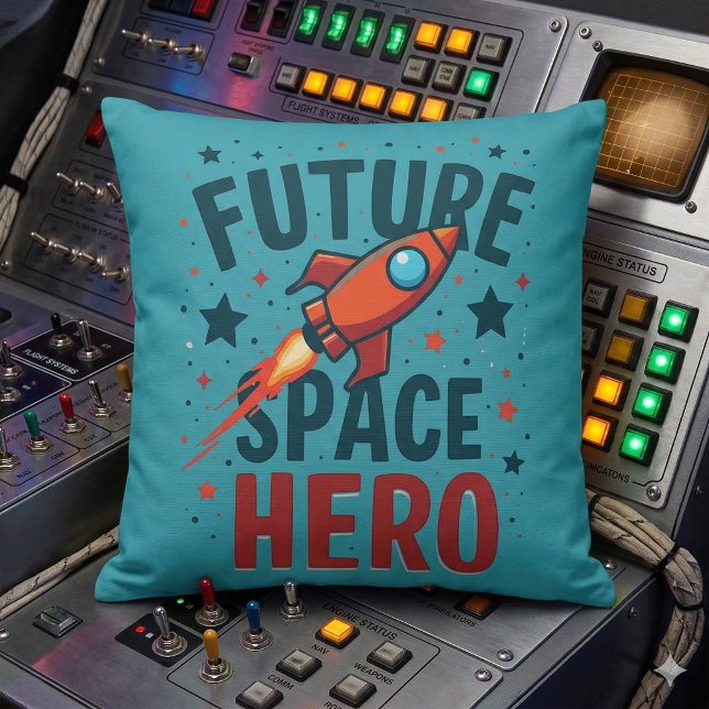 Design für das nächste Raumschiff Retro Kissen (Future Space Hero Retro Rocket Ship Design Throw Pillow Mockup A)