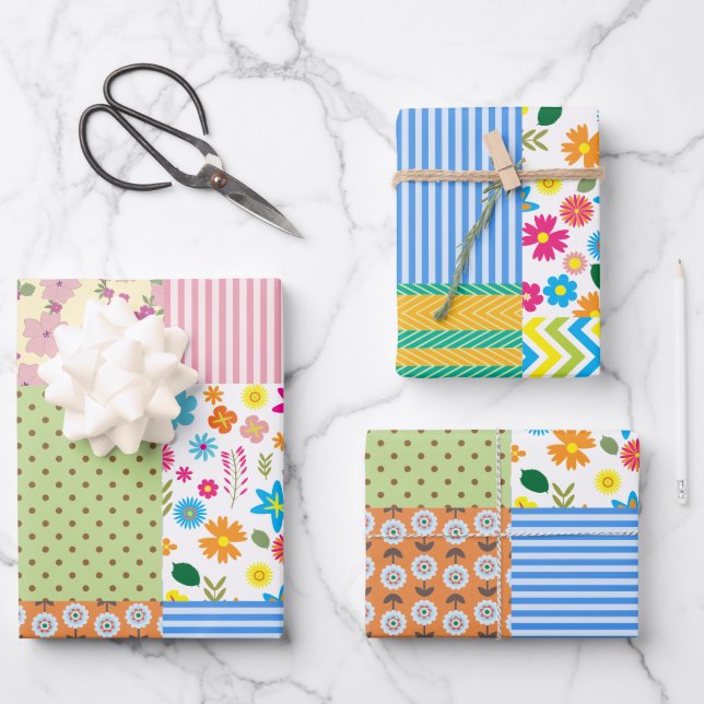 Design für ein Retro-Patchwork-Quilt-Nähen Geschenkpapier Set (Vorderseite)