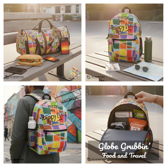 Design für Positivität: Happy Colors Happy Place Bedruckter Rucksack (Pack your positivity and your appetite! 🎒🍜 Our Happy Colors backpack is the ultimate companion 4 U)