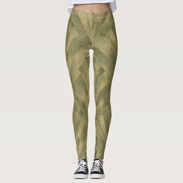 Design Grün und Gold Art Deco Muster Leggings (Vorderseite)