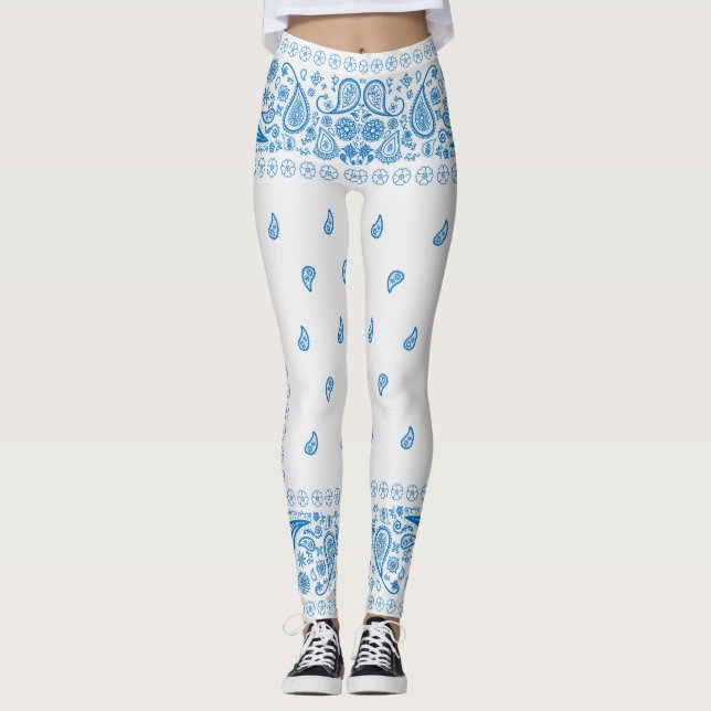 Design in Weiß und Blau (Paisley) Leggings (Vorderseite)