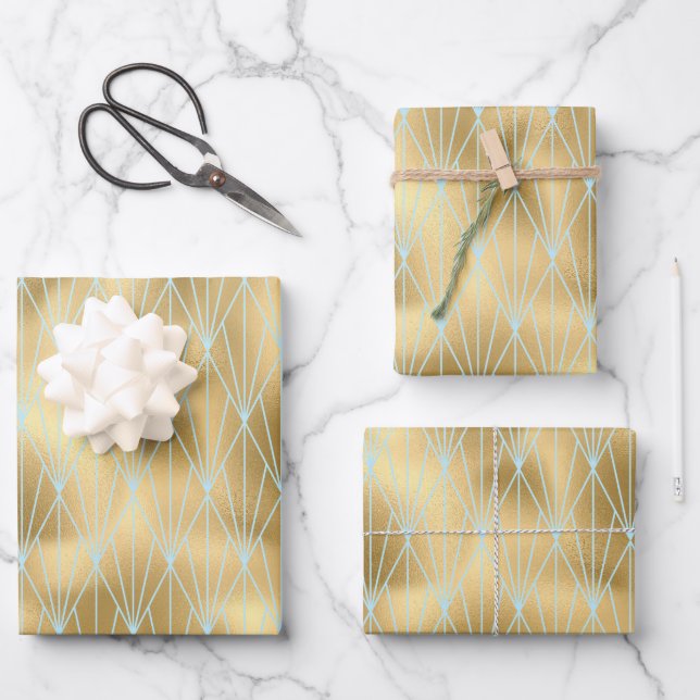 Design-Muster für Aquamarine und goldene Art Deco Geschenkpapier Set (Vorderseite)