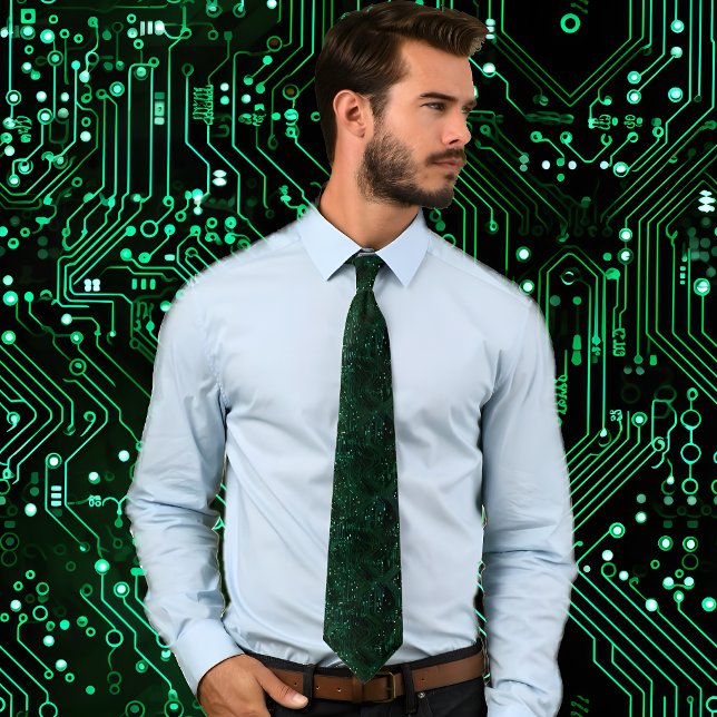Design Neck Tie Krawatte (Man wearing Green Electronic Circuit Board Pattern Neck Tie stands against background matching tie.)