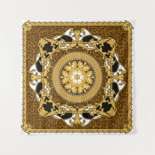 Design of silk scarf with animal print and golden wandteppich