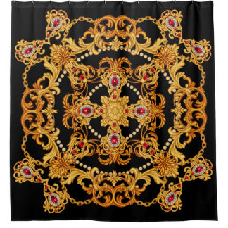 Design of silk scarf with ruby gem stones and gold duschvorhang