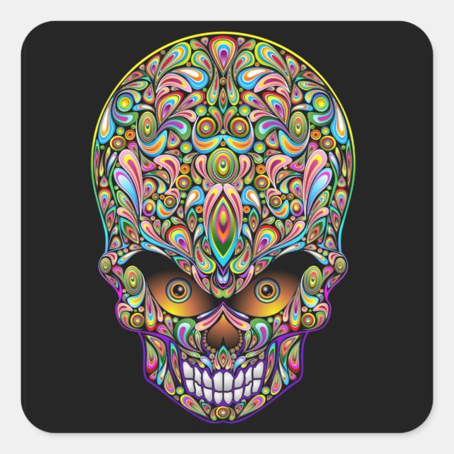 Design-Sticker für Psychedelic Skull Quadratischer Aufkleber (Vorderseite)