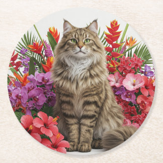 Design tropischer Cat Round Paper Untersetzer. Runder Pappuntersetzer