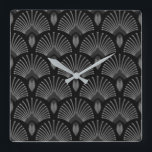 Design-Uhr für Schwarz und Silber Art Deco Lüfter Quadratische Wanduhr<br><div class="desc">Klassische Schwarz-Silver Art Deco Pfauenfächer Design Wand-Uhr.</div>