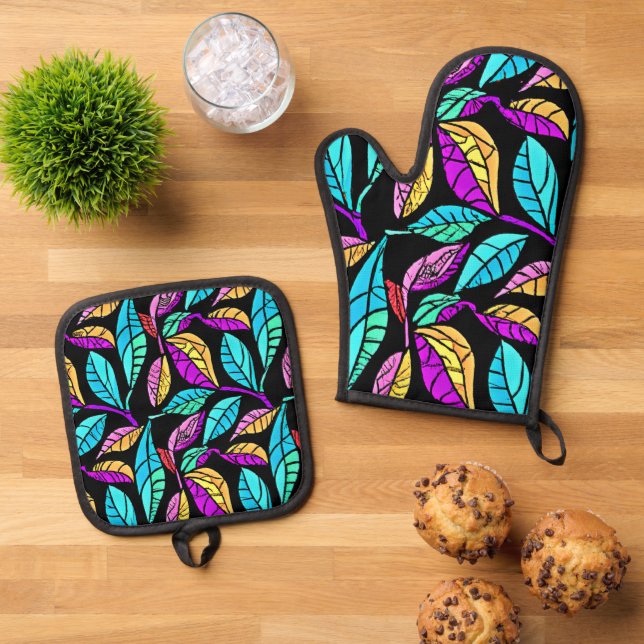 Design von Blätter aus festem Glas Ofenhandschuh & Topflappen-Set (Oben Unten)