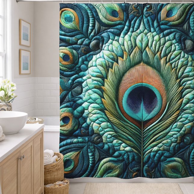 Design von gequilten Blue Peacock Feathers Duschvorhang (Von Creator hochgeladen)