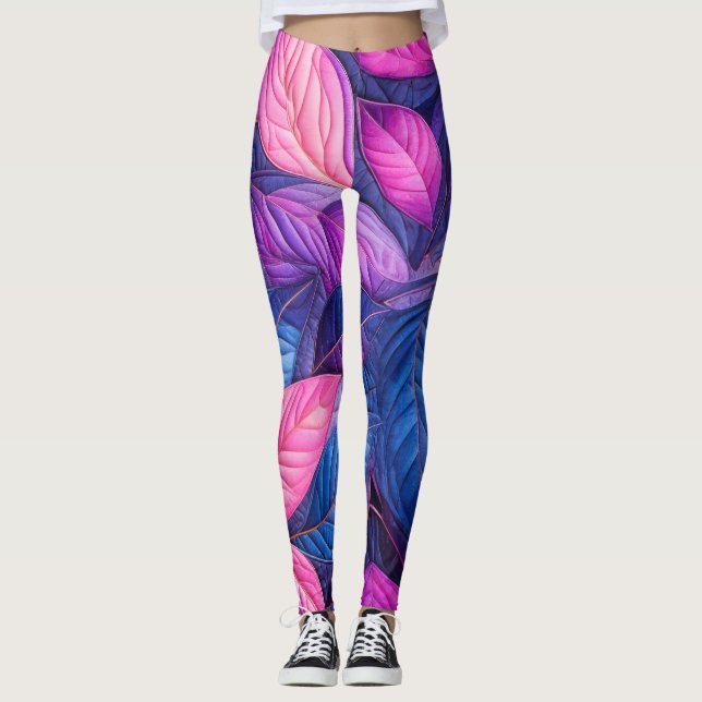 Design von Lila rosa gestrichelten blauen Blätter Leggings (Vorderseite)