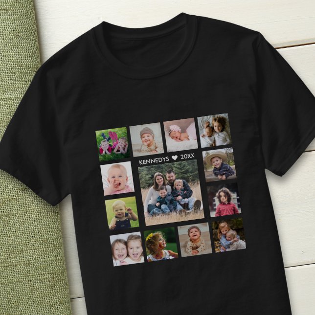 Design Your Own 13 Photo Collage Text Family Name T-Shirt (Von Creator hochgeladen)