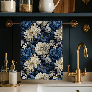 Designer Blau Elfenbein Floral Chic Küchenhandtuch Geschirrtuch