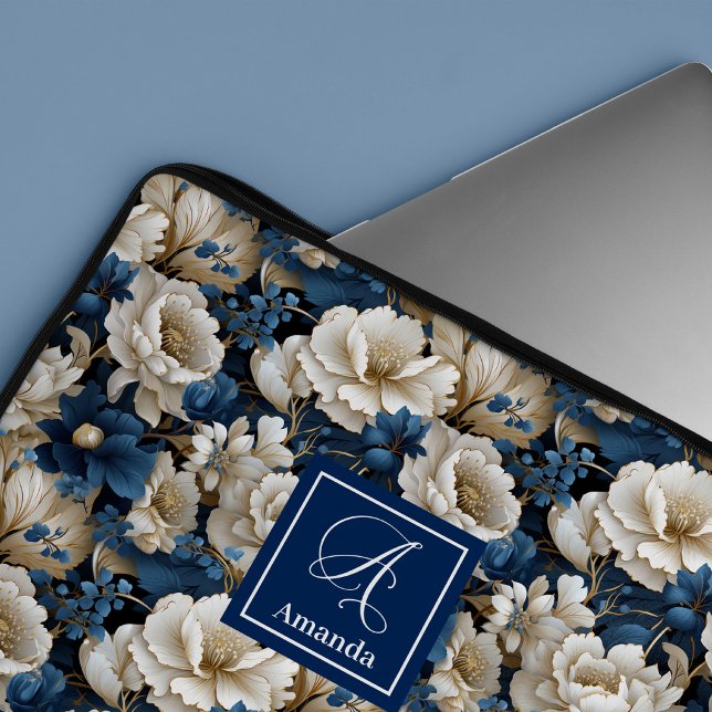 Designer Blaue Blumen Chic Laptop Hülle Case (Designer Blue Flowers Chic Laptop Sleeve Case)
