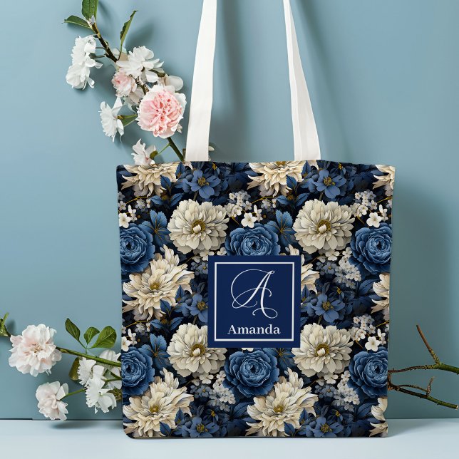 Designer Blaue Blumen Personalisierte Tragetasche (Designer Blue Flowers Personalized Tote Bag)