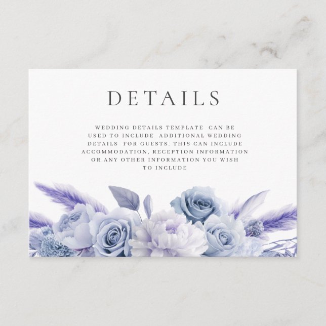 Designer Dusty Blue Floral Wedding Details Begleitkarte (Vorderseite)