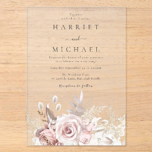 Designer Dusty Rose & Blush Florale Hochzeit Acryleinladungen