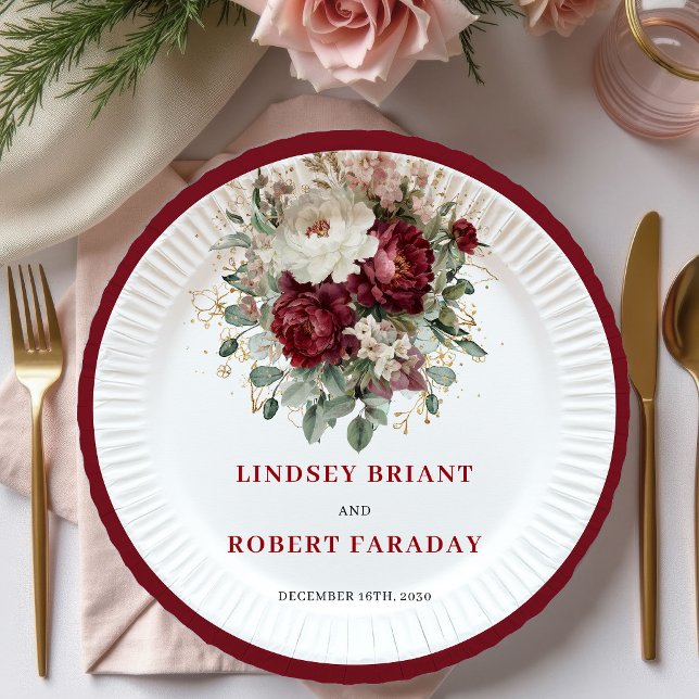 Designer Marsala Floral Eucalyptus Gold Teller (Designer Marsala Floral Eucalyptus Gold Plates)