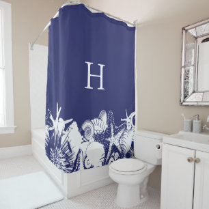 Designer Navy Blue & White Künstlerisch Seashells Duschvorhang