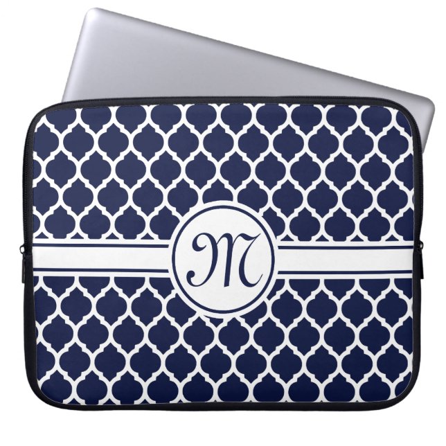 Designer Navy Mit Monogramm marokkanisches Gitterm Laptopschutzhülle (Vorderseite)