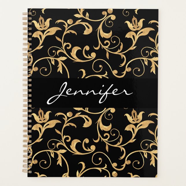 Designer Royal Black and Gold Damask Personalisier Planer (Vorderseite)