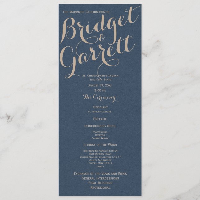 Designer Text Navy Blue Wedding Programm (Vorderseite)