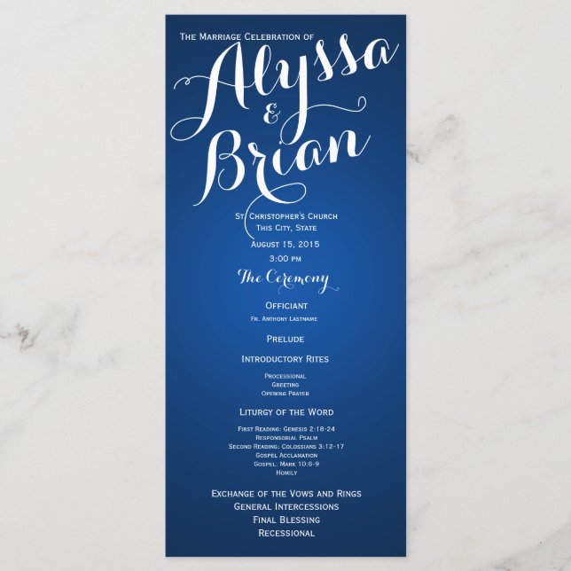 Designer Text Sapphire Blue Wedding Programm (Vorderseite)
