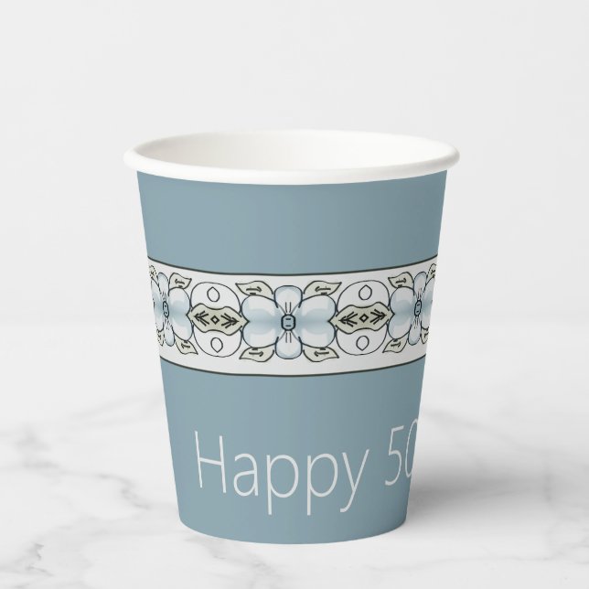 Designer Washed Blue Floral Pappbecher (Vorderseite)