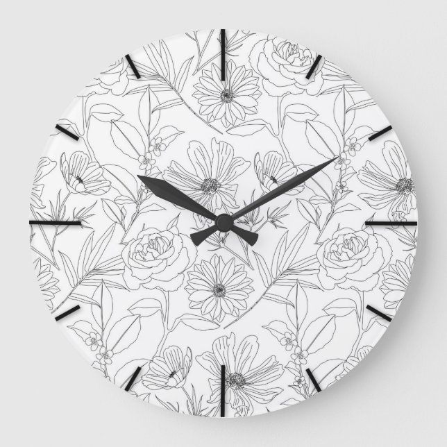 Designergarten Blume Schwarze Konturen Design Große Wanduhr (Vorderseite)