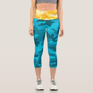 Designerinitis für hellblaugelbe Camouflage Capri Leggings