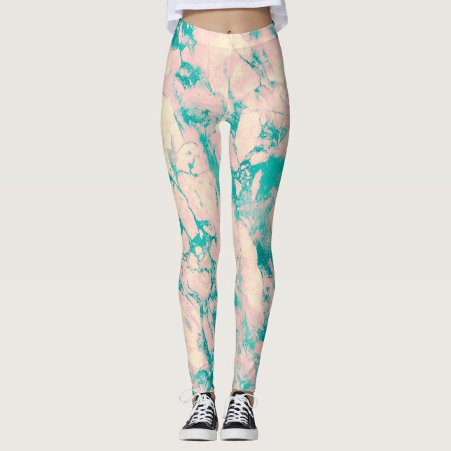 Designerische Leggings aus rosa und blauem Marmor (Vorderseite)