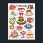 Desserts Postkarte<br><div class="desc">Postkarte mit mehreren Bildern oder einer Sammlung von köstlichen Desserts und Gebäck,  wie mehrstufige Hochzeit- und Geburtstagskuchen,  Obstkuchen,  Muffin,  Erdbeeren Tee,  Eis,  Kirschkuchen,  Fudge Eis Kuchen,  Flan,  Erdbeerkuchen und Schokoladenkuchen. Design © HTM Images</div>