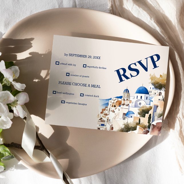 Destination Greece Santorini Wedding RSVP Karte (Von Creator hochgeladen)